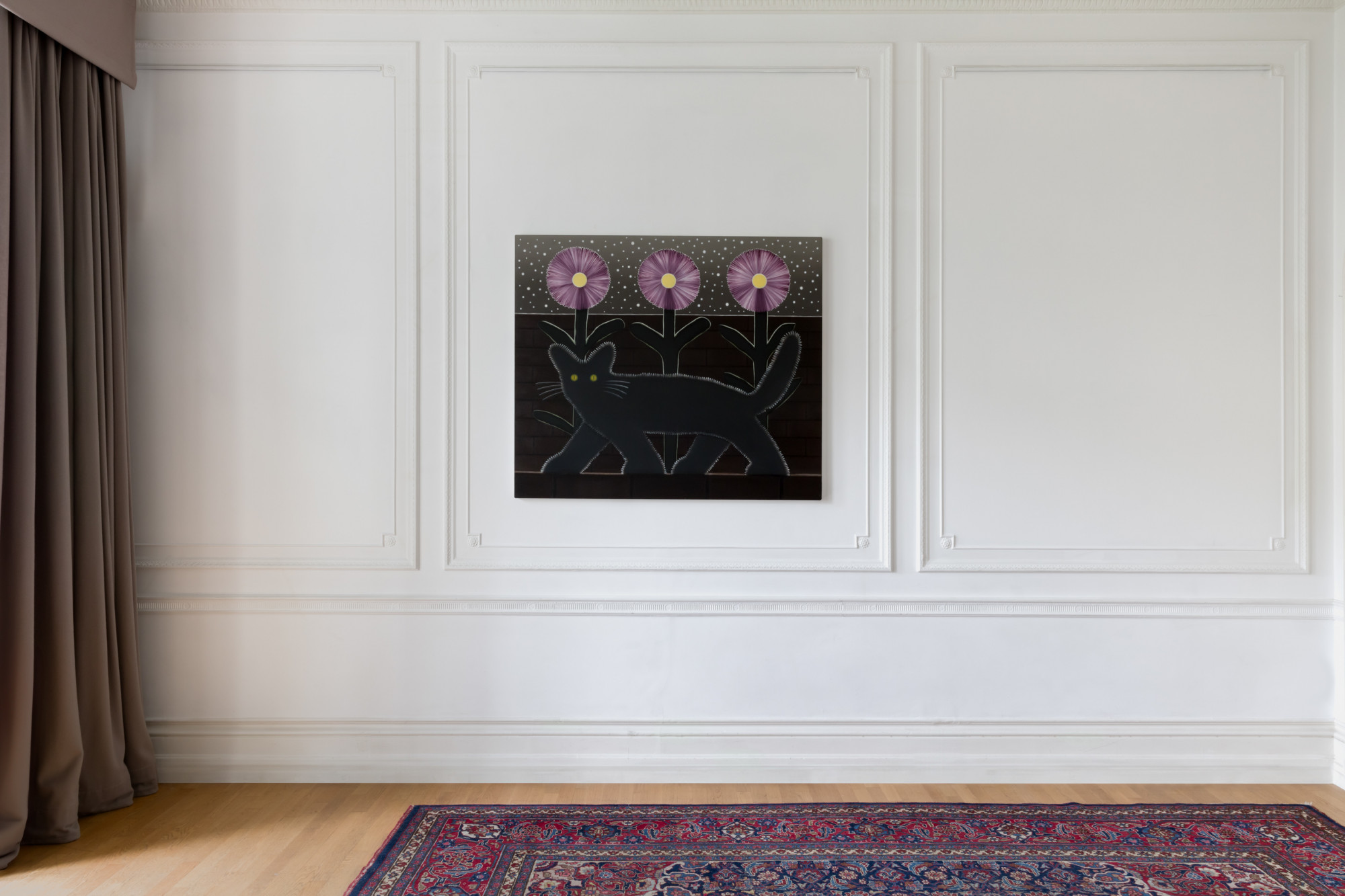 Ryan C. Brown, Cat with three pink flowers, 2024.